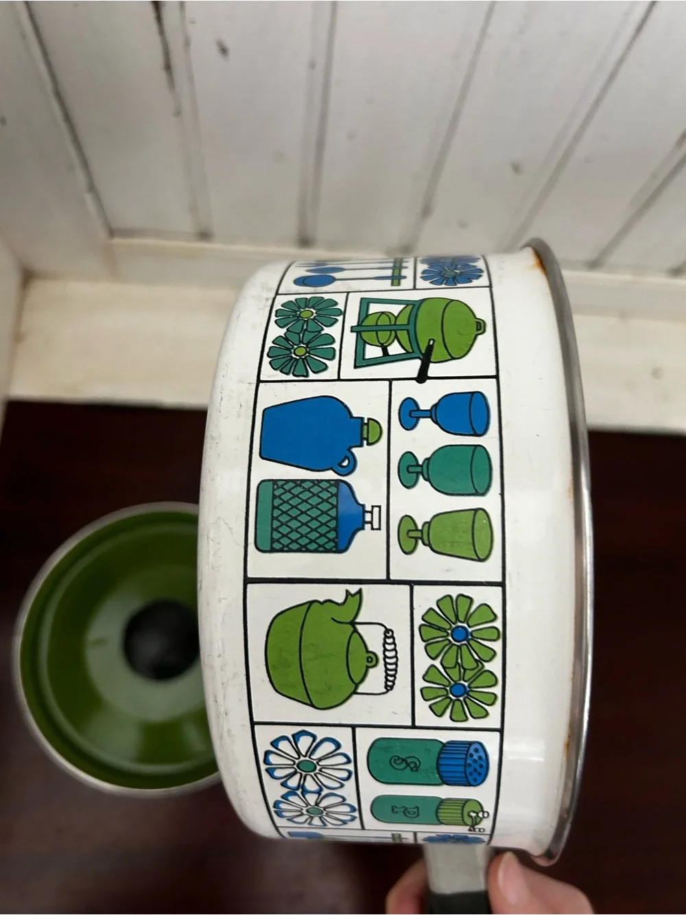 VTG Retro Enamel Danish Kitchen Saucepan Pot GHC 6.75” Green Blue Mid Century